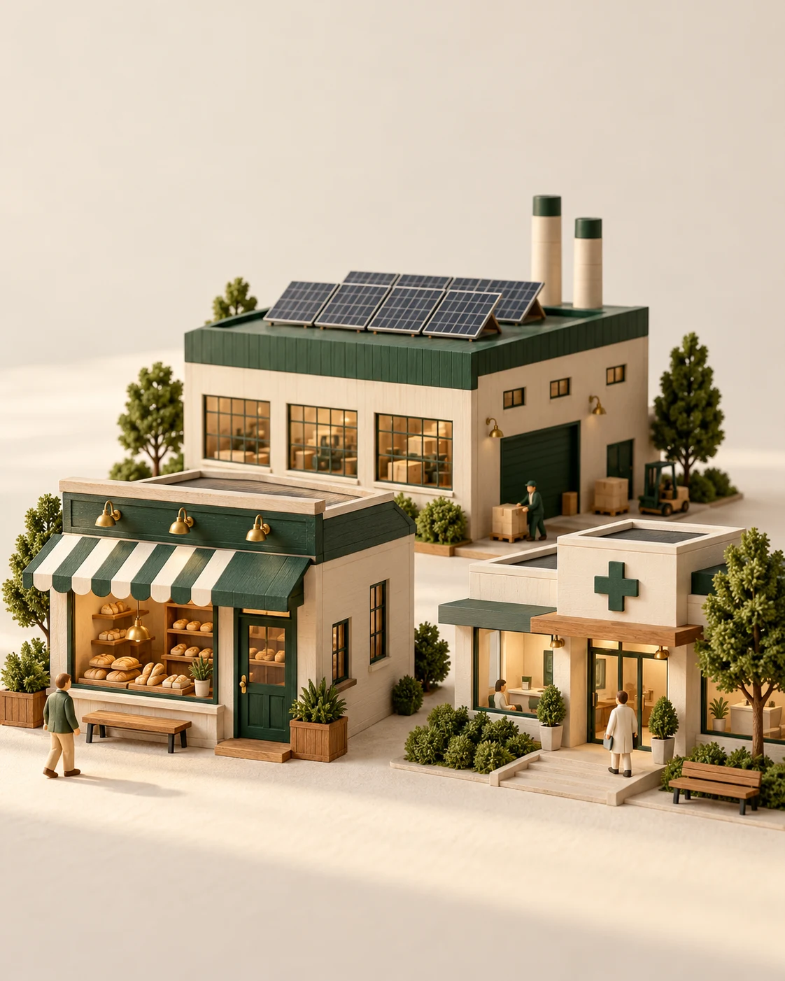 Maquetas de una panadería, una fábrica y una clínica: tres negocios distintos.