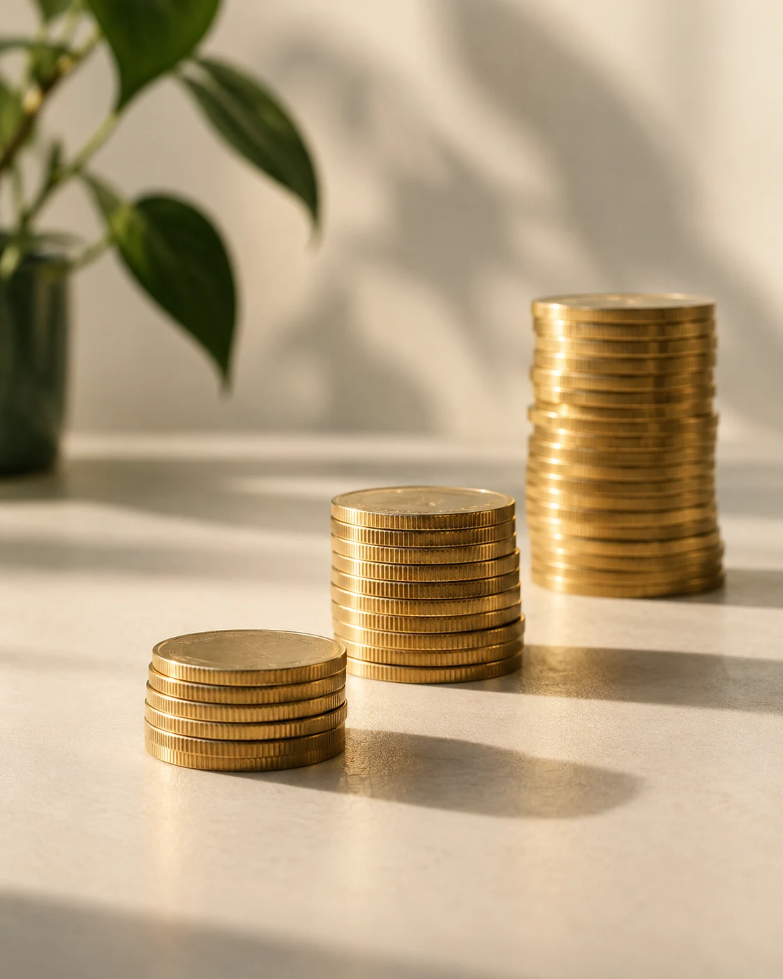 Imagen del crecimiento de los ahorros mediante varios grupos de monedas, sin cantidades exactas.