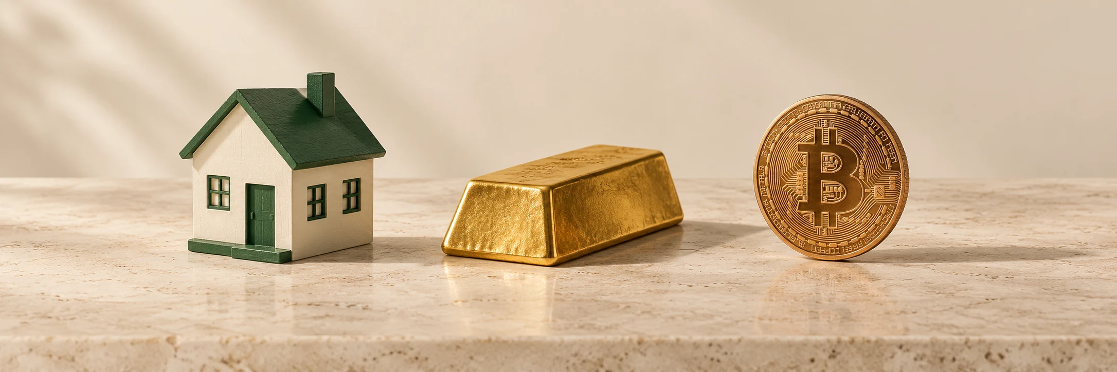 Una maqueta de vivienda, un lingote de oro y una ficha con el símbolo de bitcoin representan tres tipos de activos.
